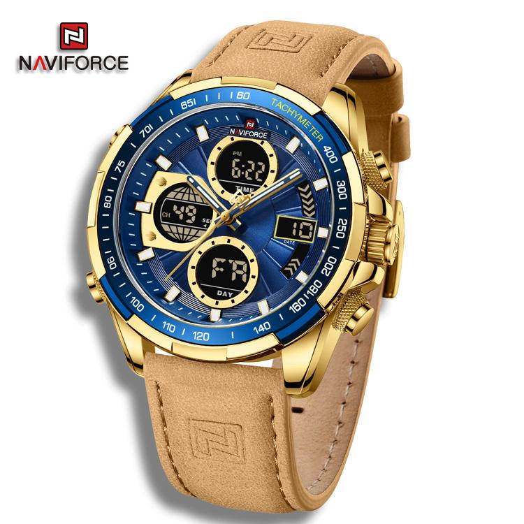 

Naviforce NF9197L Doul Display мужские часы кварцевые водонепроницаемые светодиодные цифровые электронные роскошные наручные часы для подарка 260mm жёлтый/синий