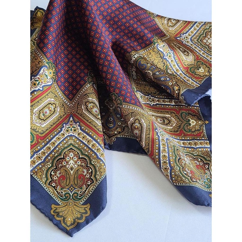 Used Reduced price luxury hand-sewn vintage silk scarf with crest and paisley pattern