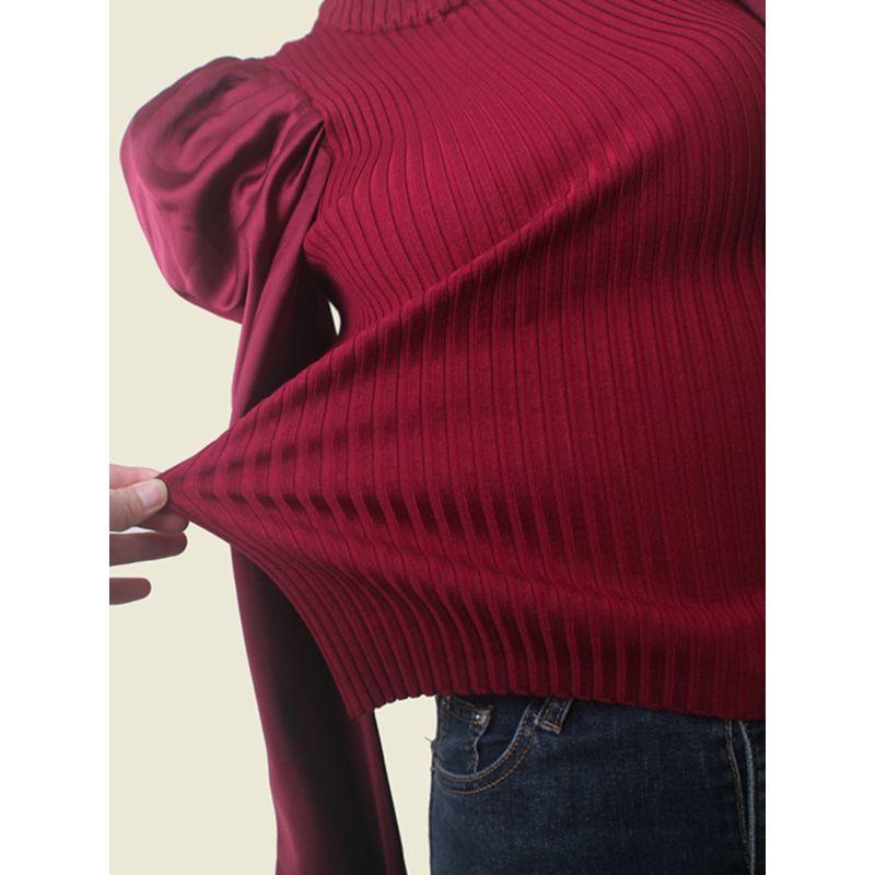 French style Retro Puff sleeve High end Socialite Bottoming Shirt Autumn Thread Slim fit Patchwork Knit