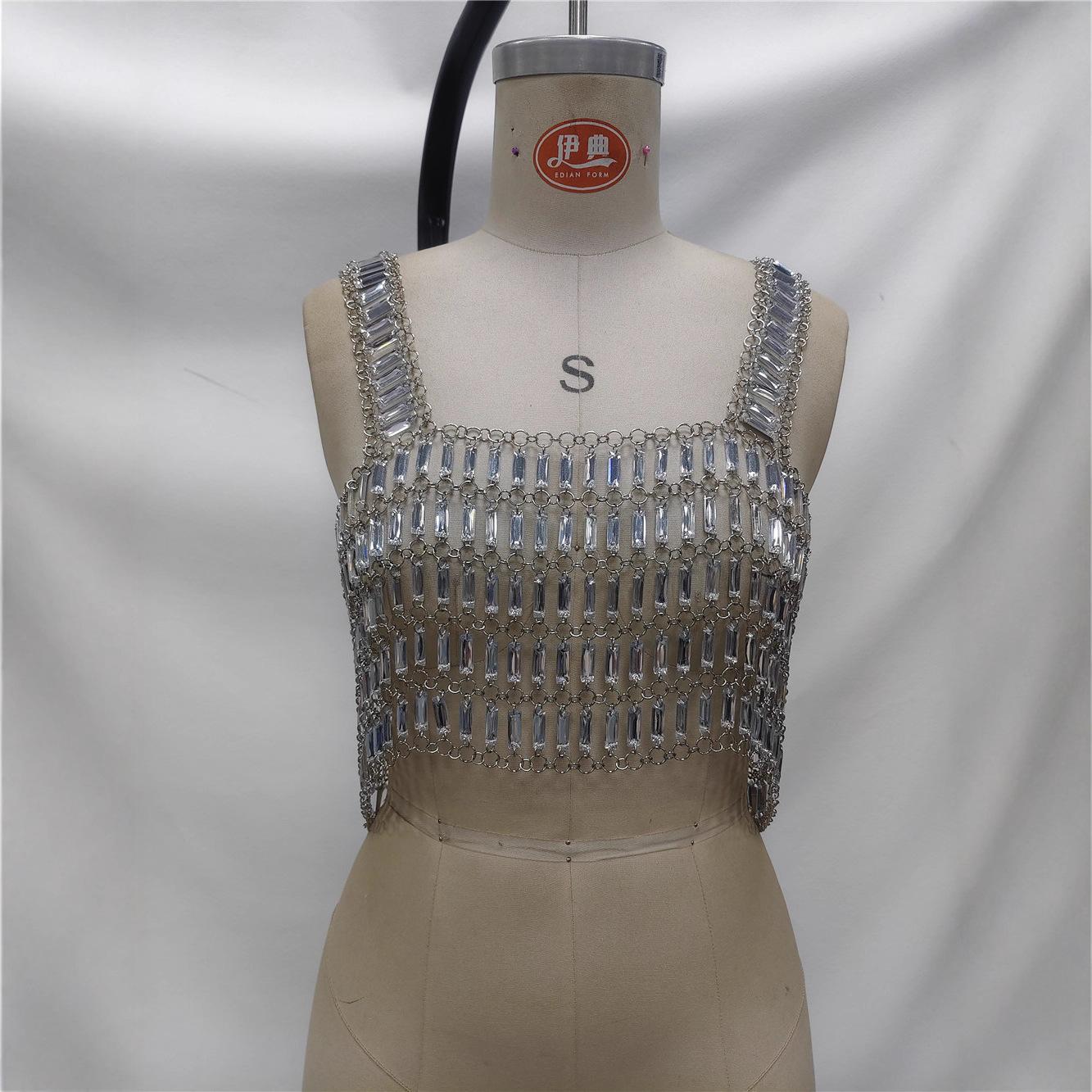 Silver Rhinestone Chain Cami Crop Top OneSize серебряный