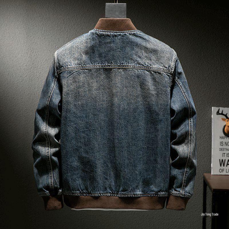 Men's Trendy Retro Motorcycle Denim Jacket - Slim Fit, Fashionable Baseball Collar for Autumn and Winter.