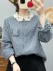 Women's Long Sleeve Plaid Shirt with French Lace Collar, Soft Skin-Friendly Double Layer Cotton