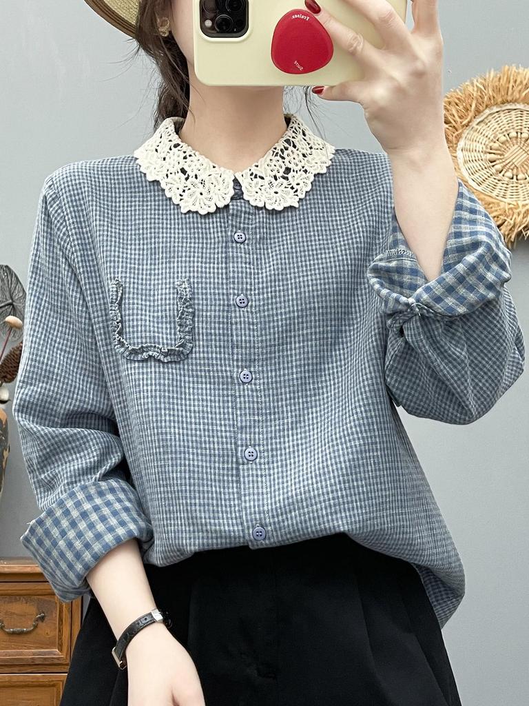 Women's Long Sleeve Plaid Shirt with French Lace Collar, Soft Skin-Friendly Double Layer Cotton