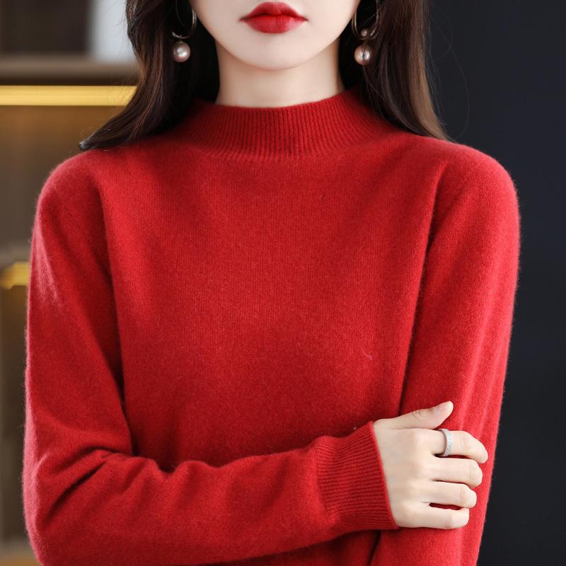 Women's Seamless Pure Wool Sweater: Half-High Neck Pullover, Loose, Warm, Slimming Knitwear.