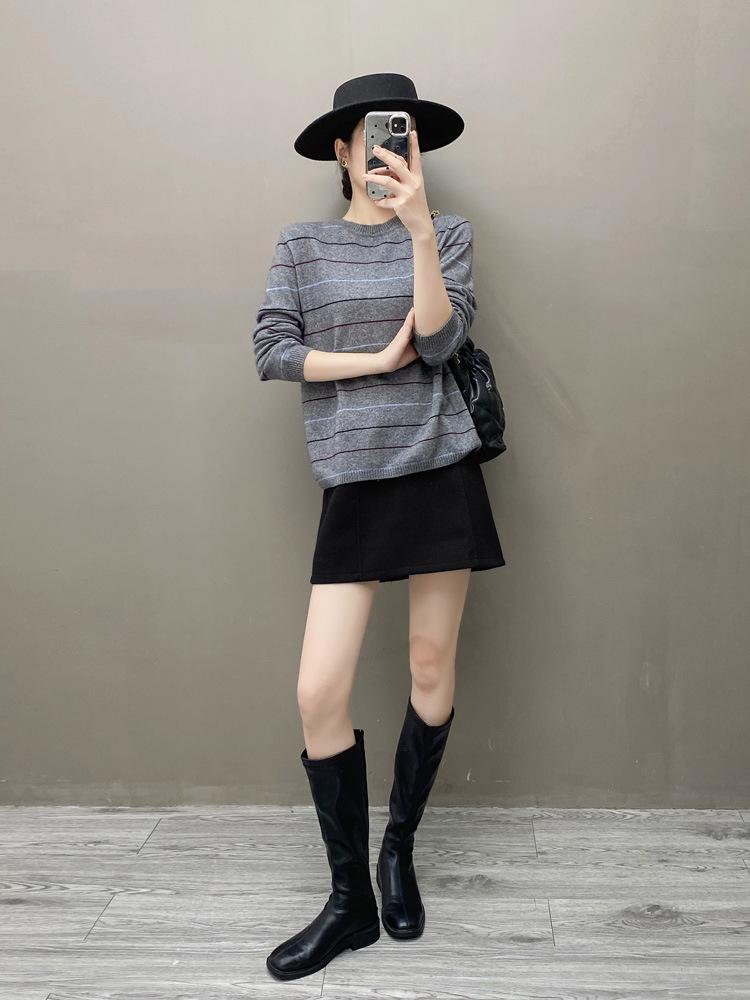 Women's Striped Cashmere Pullover, Long Sleeve Round Neck Sweater, Autumn/Winter Knitwear.