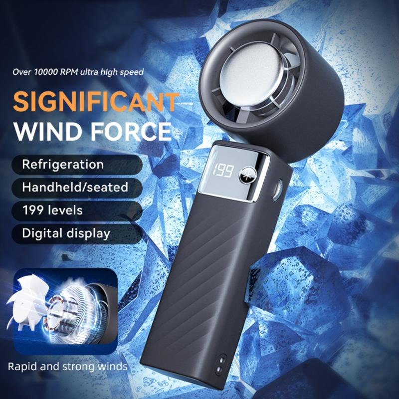 Handheld Pocket Fan USB Rechargeable LED Digtal Display Fan with Strong Airflows Cooling Device for Hot Weather