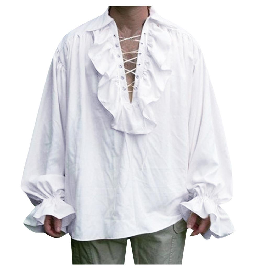 Men's Retro Shirt Lapel Pleated Fluffy Sleeve Shirt