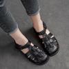 Johnature Genuine Leather Low Heel Breathable Sandals Retro Versatile Solid Color Women's Shoes
