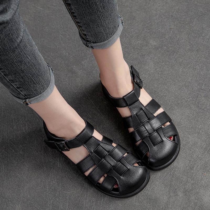Johnature Genuine Leather Low Heel Breathable Sandals Retro Versatile Solid Color Women's Shoes