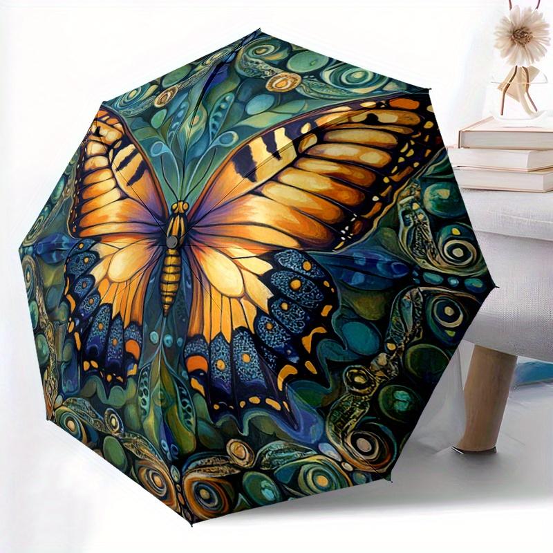 

1pc Automatic Open/Close Umbrella with One-Touch Button - Elegant Monarch Butterfly & Mandala Pattern in Teal, Orange, Black - (as the picture,Iron&8K)