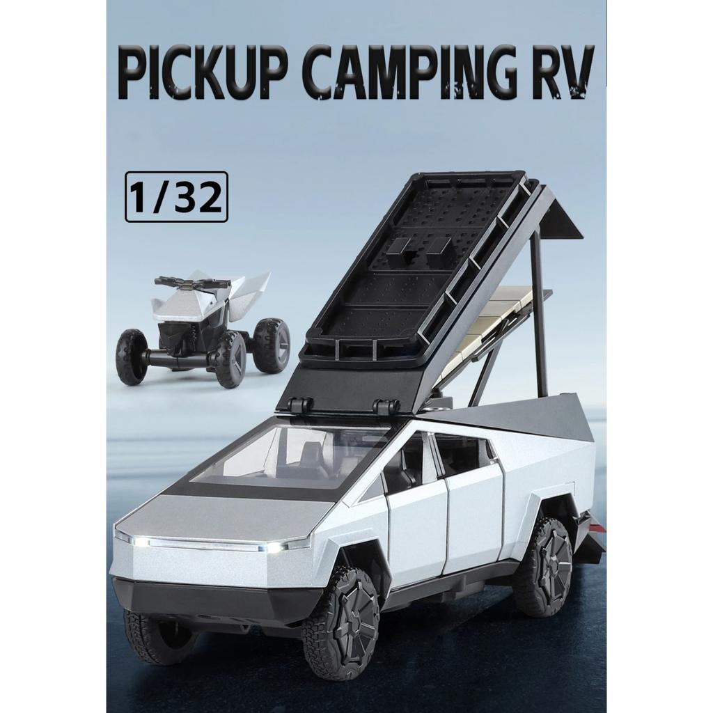 1/32 Tesla Cyber the Truck Pickup Alloy Camping RV Car Model Diecasts Metal Toy Van Motorhome Touring Car Model Sound Light Kids Gifts