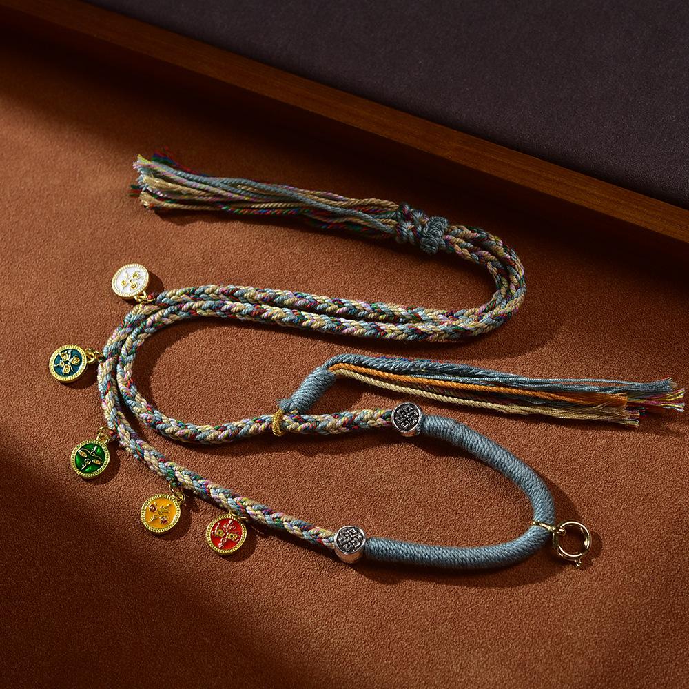 Tibetan Five Wealth Gods Hand-woven Thangka Necklace with Adjustable Multi-color Lanyard