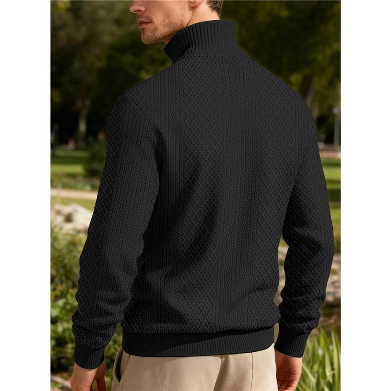 Men's Quarter Zip Pullover Sweater Diamond Jacquard Knit Stand Collar Long Sleeve Casual Sweatshirt For Business & Daily Wear