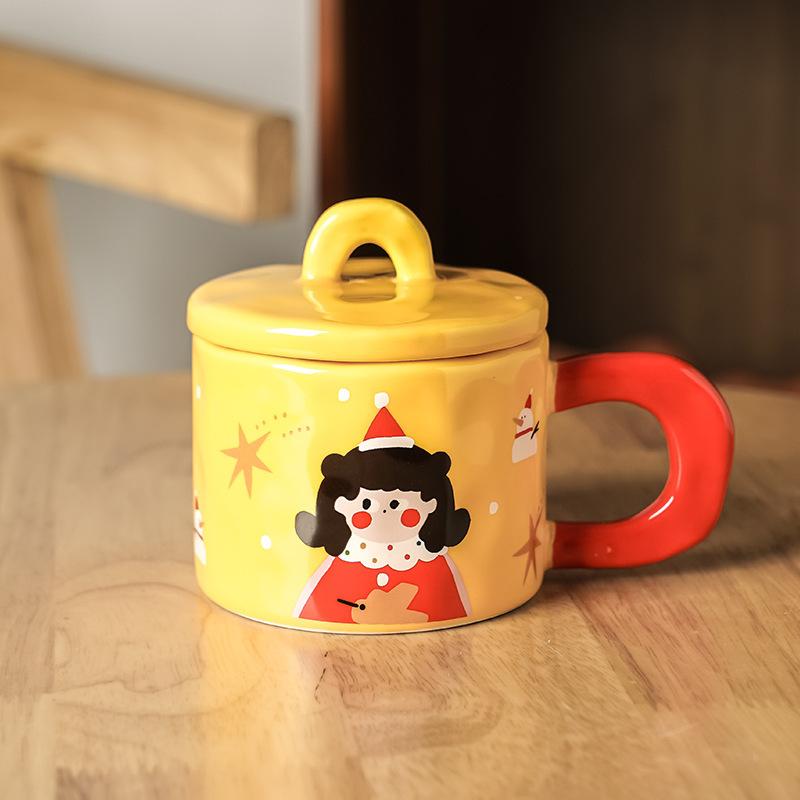 

Милая счастливая кружка для девочек, керамическая чашка с крышкой, конфетного цвета, чашка для пар, домашнее молоко, чашка для завтрака 301-400ml