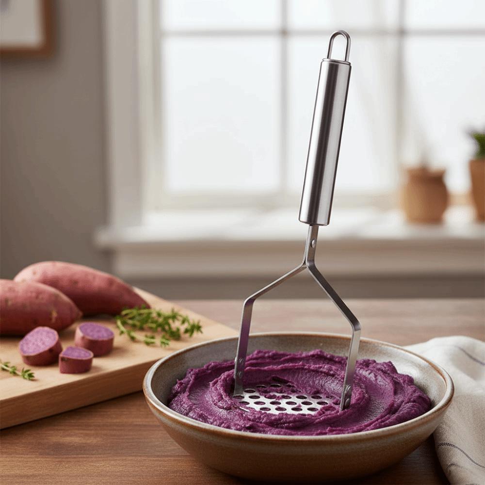 Kitchen Gadget Stainless Steel Potatoes Masher Handheld Rust-proof Potatoes Crusher Household Hangable Potato Presser Cooking