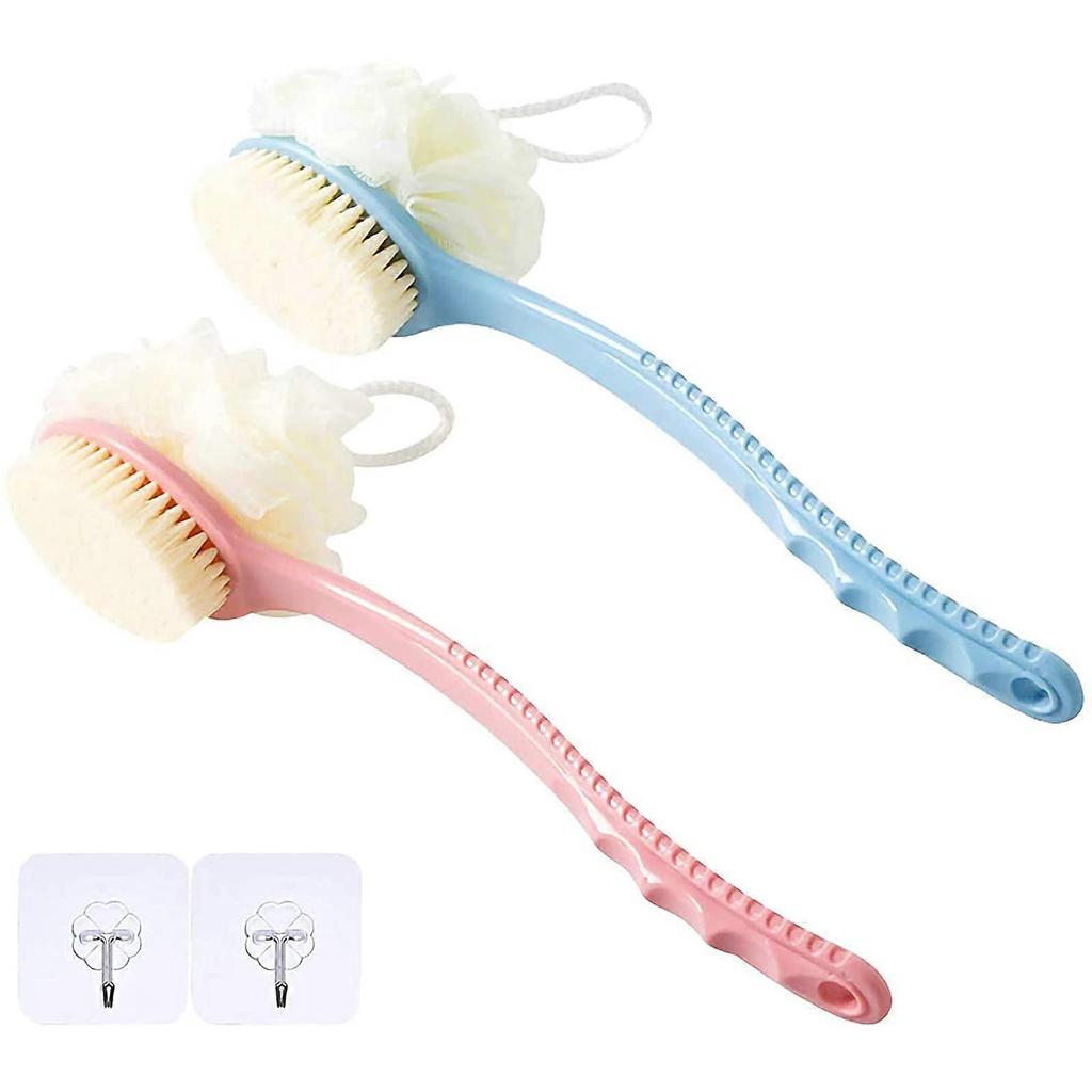Shower Body Brush with Bristles and Loofah 2 Pack, Back Scrubber Bath Mesh Sponge with Curved Long Handle for Skin