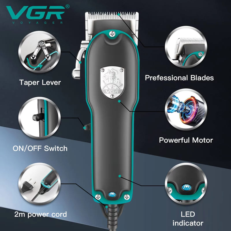 VGR V-123 Professional Men's High-power Corded Hair Clipper for Salon Electric Hair Clippers with Multiple Sizes Limited Combs and Adjustable Blades
