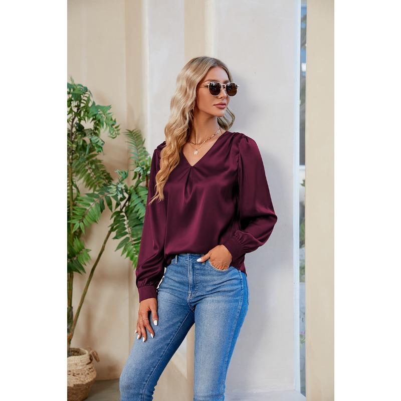 Spring and Autumn Women's Shirts Pleated Long Sleeve Tops V-Neck Blouse