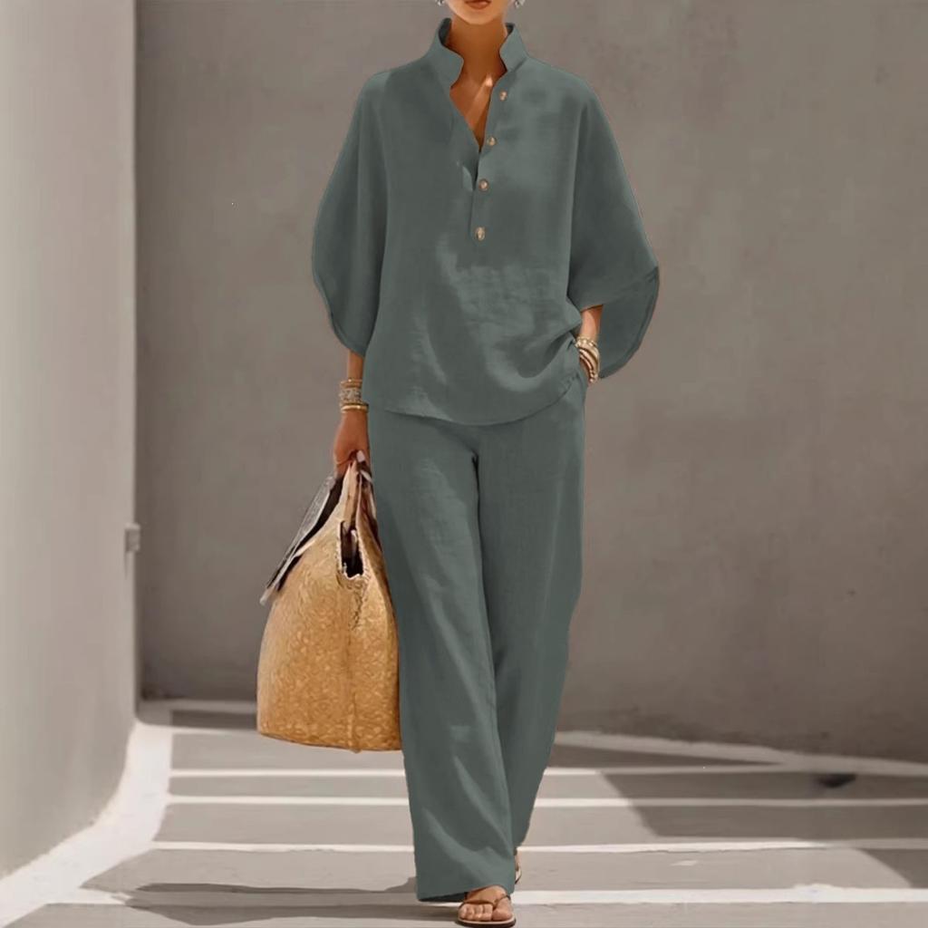Women'S 2 Piece Linen Outfits Flare Sleeve Pullover Shirt Top And Wide Leg Pants Set Casual Loungewear Vacation Tracksuit