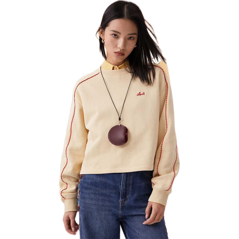Levi's Women's Cream Cropped Raglan Sleeve Sweatshirt with Red Contrast Stitching 0035W-0000