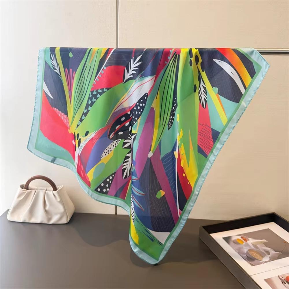 Printed Design Printed Square Scarf Lightweight Women Head Scarf Imitation Silk Scarf  Beach Wear Green