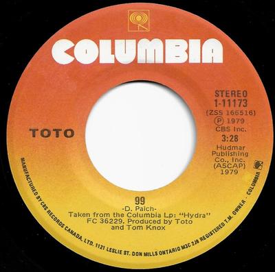 7inch Record TOTO - 99 111173 Columbia 1979 Canada Rock Used