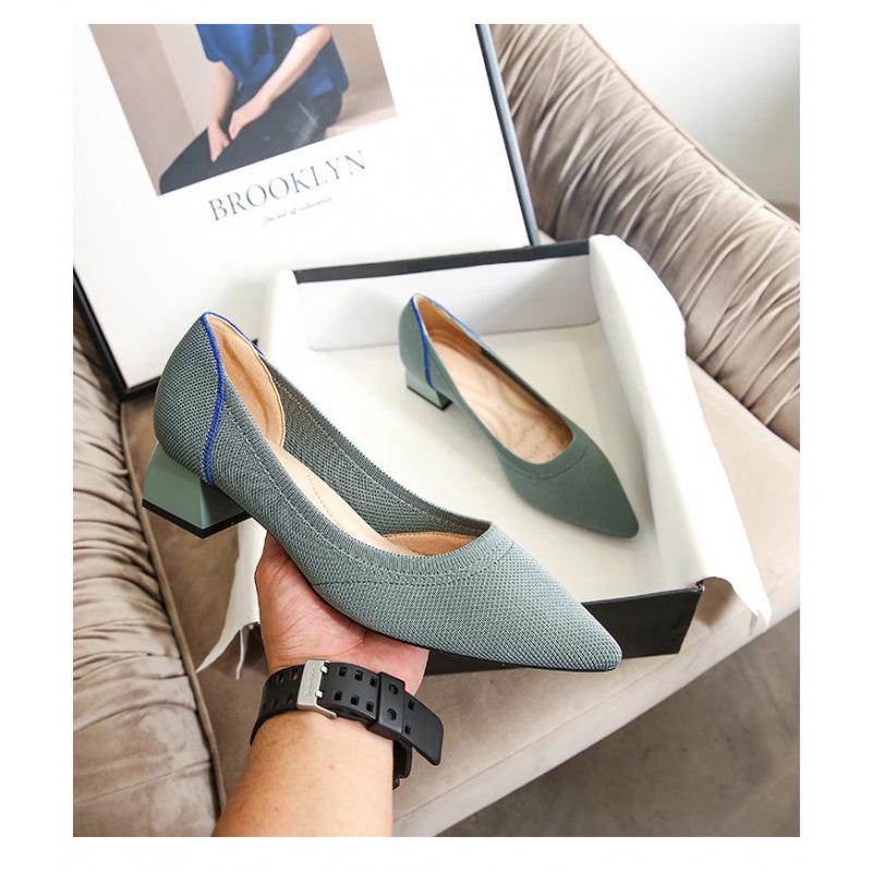 High Heels Einzelne Schuhe Leopardenmuster Fliegendes Gewebe Spitz Zehen Dicke Ferse Leichter Mund Mittelhohe Ferse Gewebte High Heels Damen