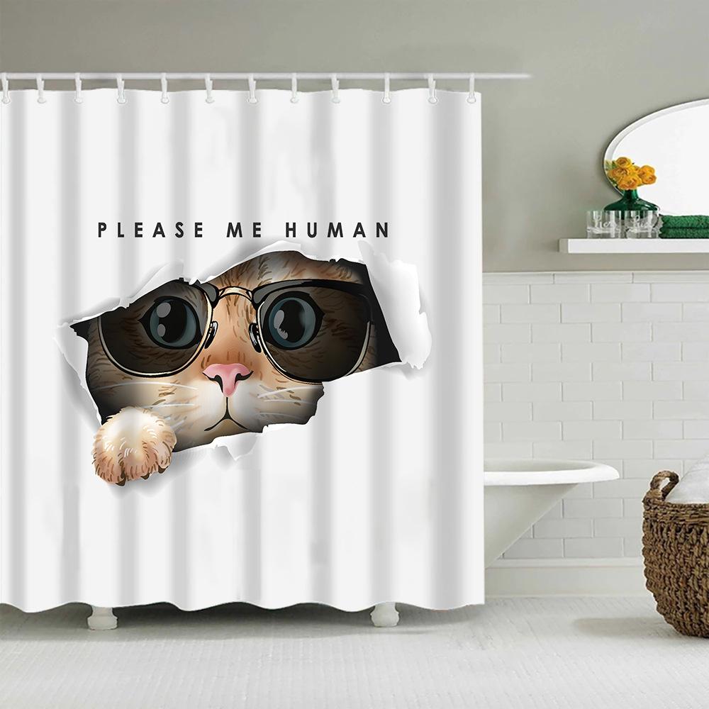 Puppy Cat Cute Cartoon Shower Curtains Washable Fabric Polyester For Bathtub Art Bathroom Decor Partition With Hooks Waterproof