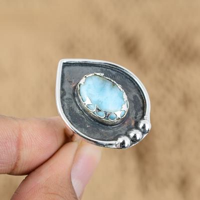 Natural Larimar Gemstone 925 Sterling Silver Promise Adjustable Ring For Girls
