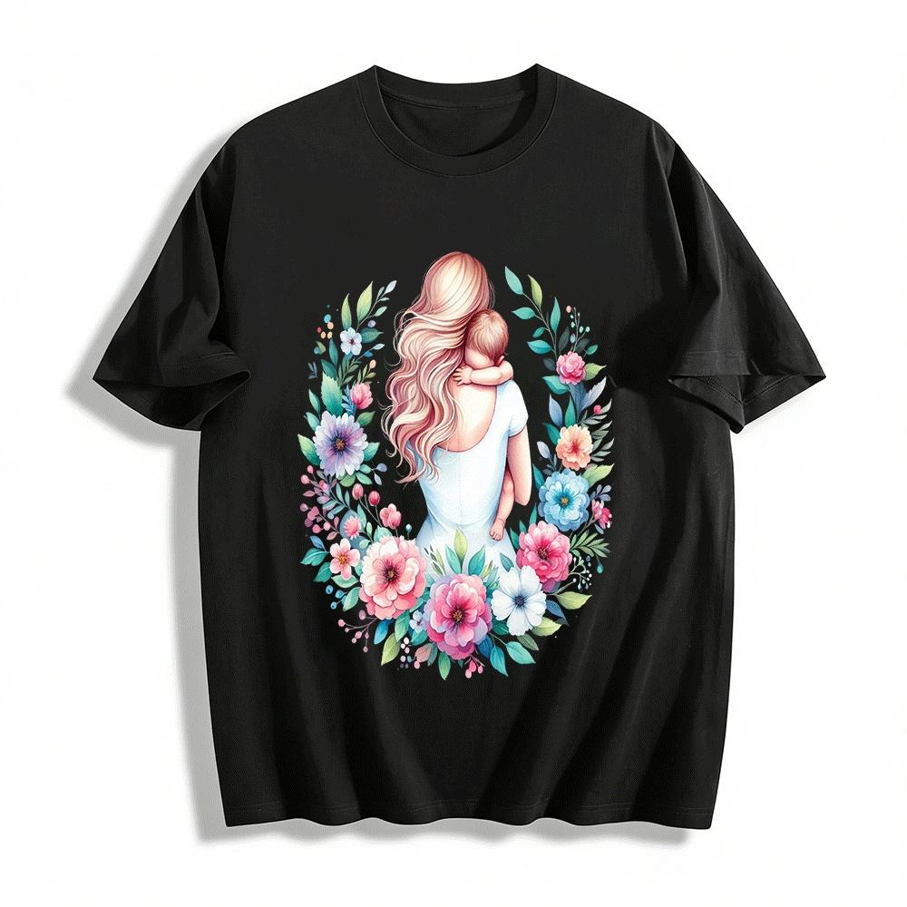 Floral Print Casual Tee With Mother And Baby Embrace Design Pure cotton T-shirt XXS