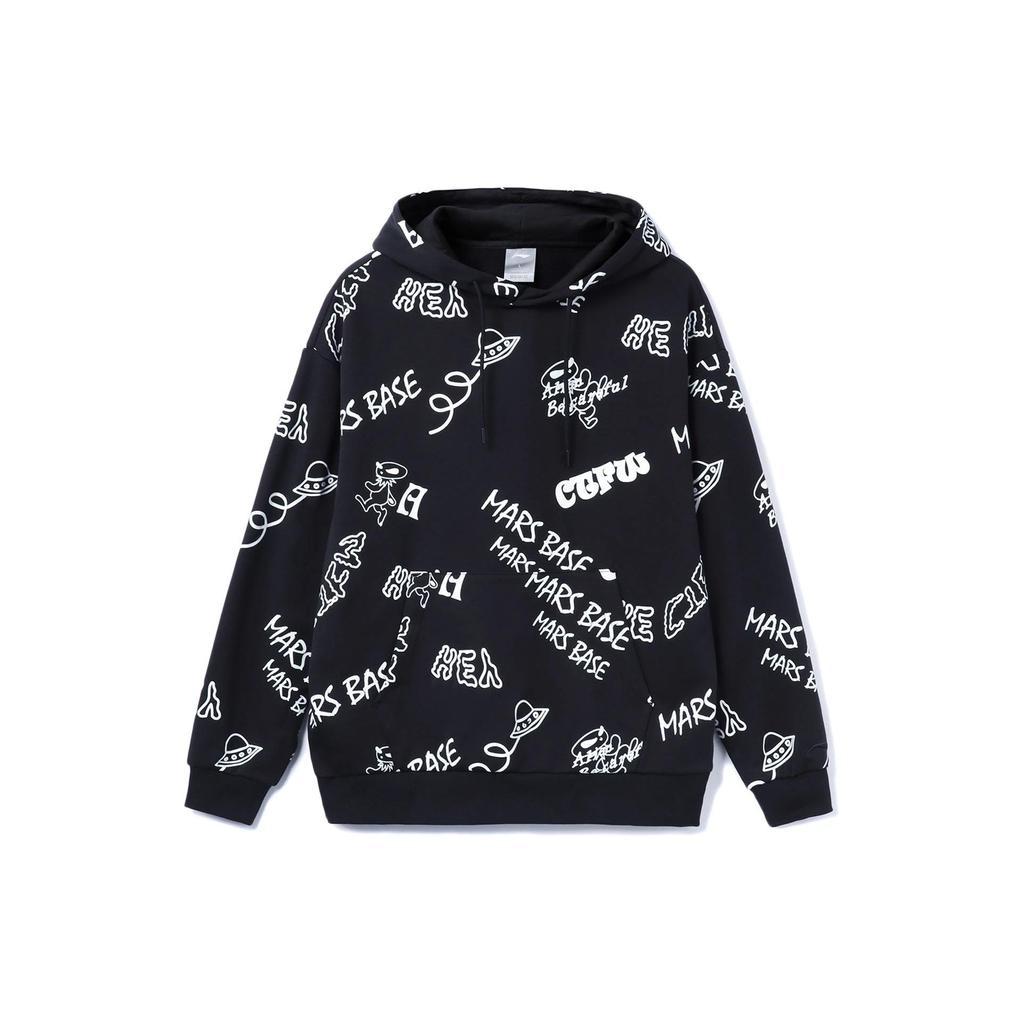 Li-Ning Sports Life Series Loose-Fit Letter Print Long Sleeve Pullover Hoodie Unisex Tops Black White AWDRD71-3