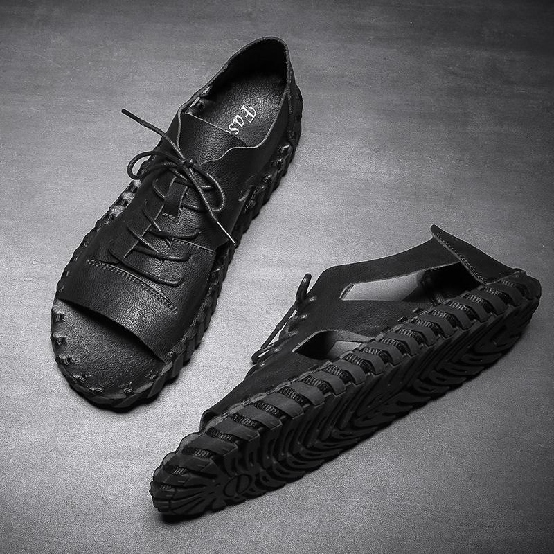 Fashion Summer Hot Selling Men's Leather Casual Shoes Hollowed Out Cool Daily Flat Shoes Men's Beach Sandals Lace Up Handmade Soles