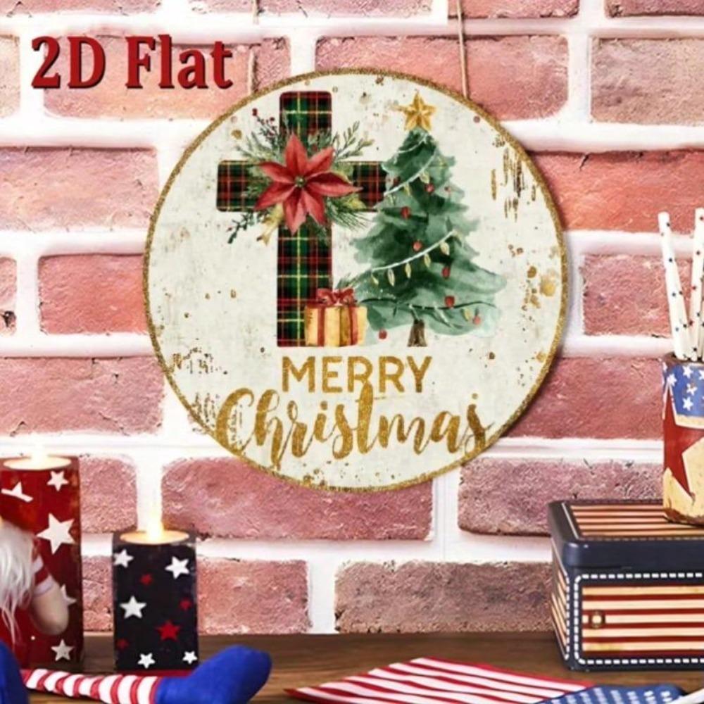 Vintage Christmas Buffalo Cross Metal Sign Red Poinsettia Golden Tree Wall Art
