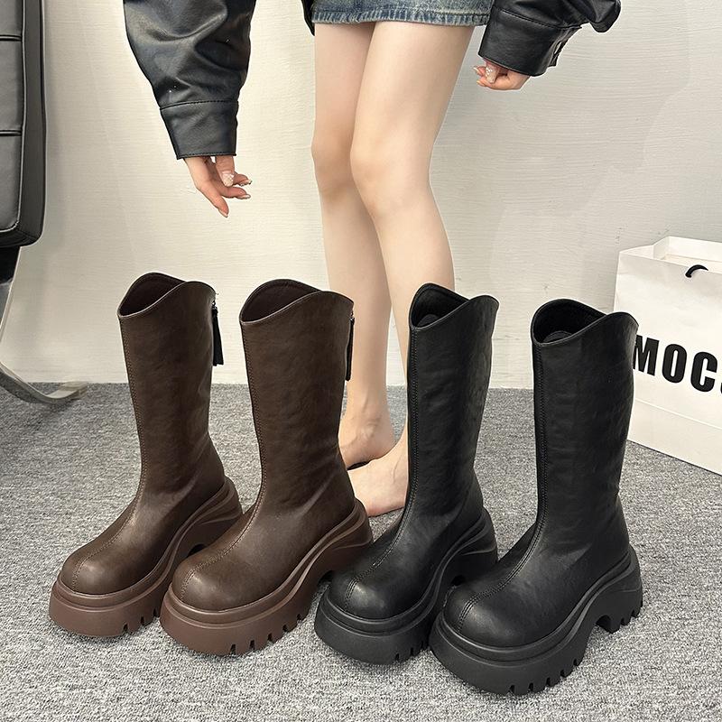 Thick heel thick sole boots women's 2025 spring and autumn new v-mouth thin but knee boots retro versatile knight boots