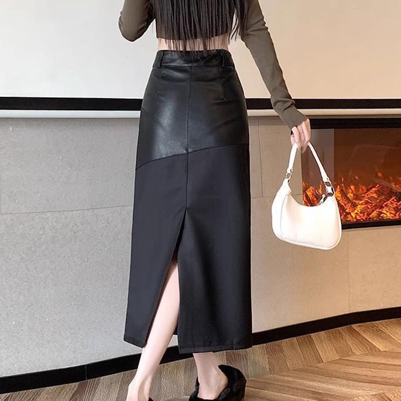 Women's Plus Size PU Leather Midi Skirt - High Waist, Back Slit, Casual A-line Pencil - Autumn/Winter 2025 Collection