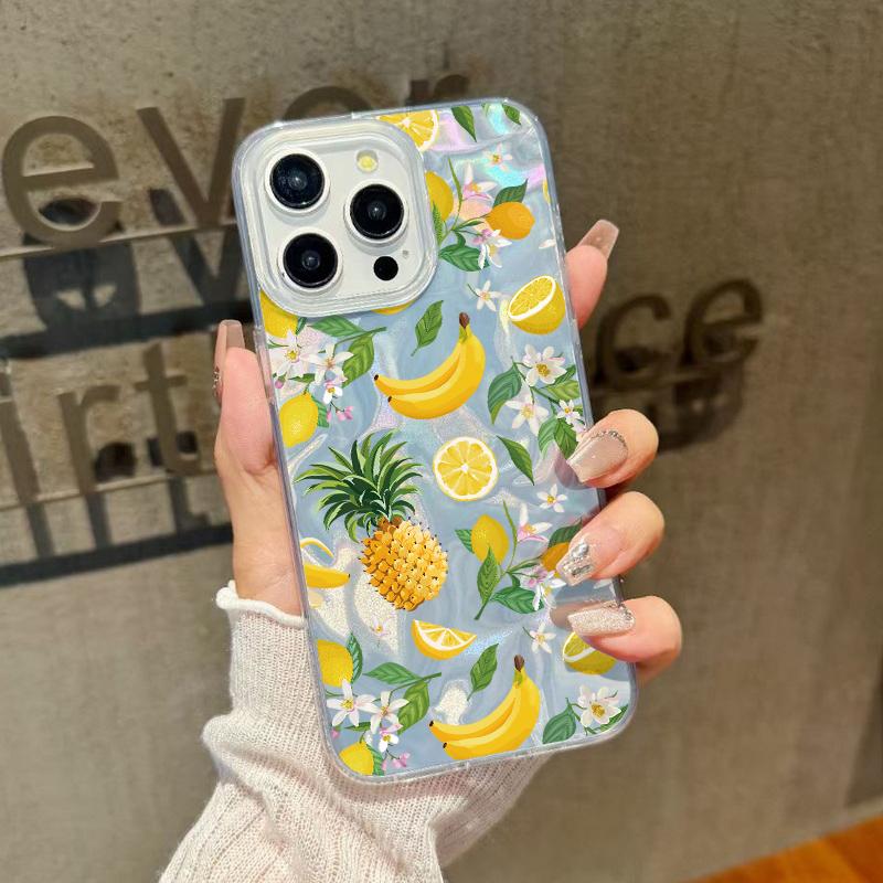 Banana Fruits Pattern Clear Soft Edge Slim Sparkling Phone Case For iPhone 16 Pro Max 15 Pro 14 13 12 11 Feather Glitter Shockproof Hard PC Back Cover