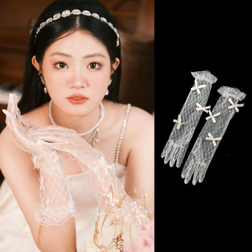 White Wedding Bridal Gloves Lace Long Finger Mittens Retro Satin Long Gloves  Women