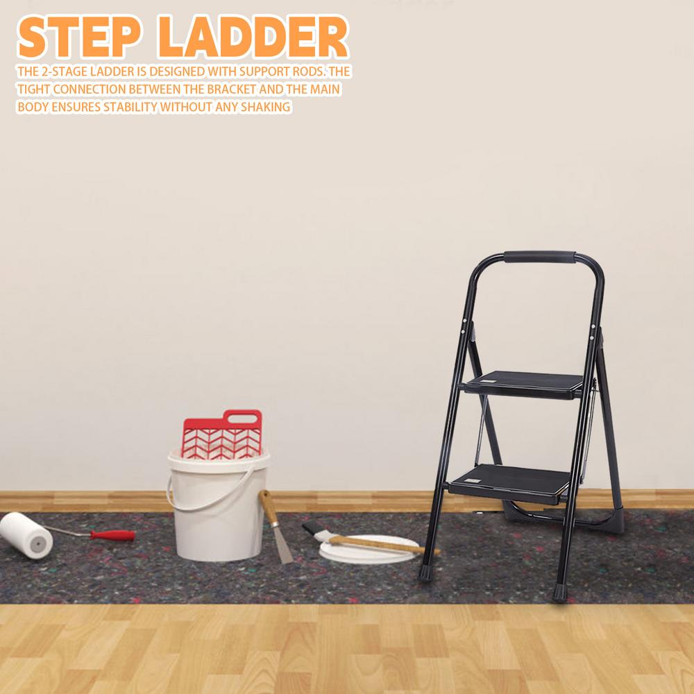Step Stool Ladder 2-Steps Ladder Stool with Handrails Automatic Locking Step Ladder Noise-Free for Living Room Restrooms Sheds