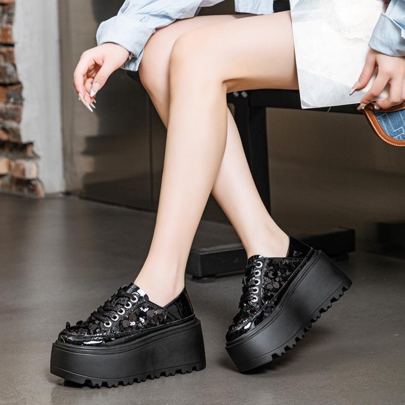 

Two wear thick-soled women s single shoes, spring and summer 2025 new mesh sequins, solid color trend lace-up, breathable and simple 39 чорний