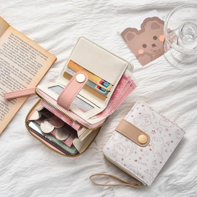 Japanische Niedliche Kätzchen Damen Kurze Geldbörse mit Reißverschluss Münzfach und Kartenhalter