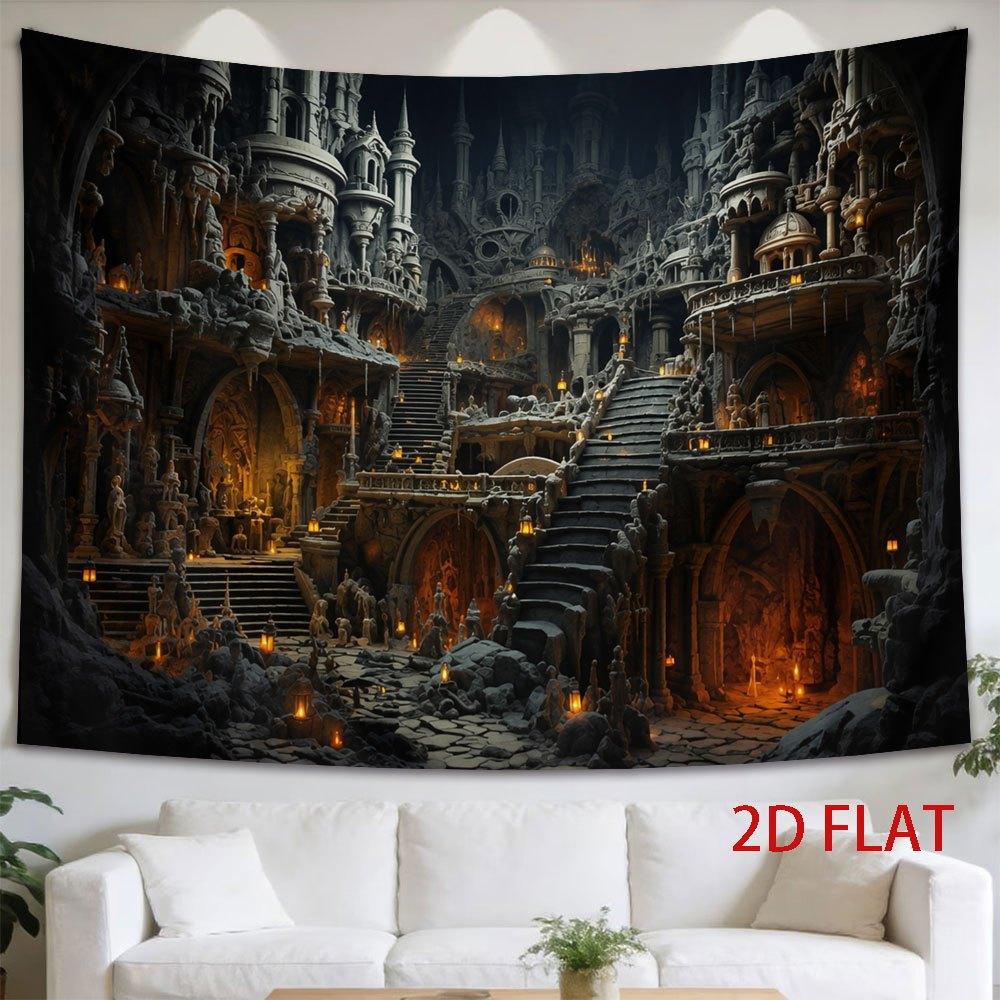 2D Flat, 1pc 2D Flat Tapestry Gothic Fantasy Hall with Candlelit Stairs and Intricate Vaulted Ceilings, Evoking Mystery and Grandeur, 2D Flat