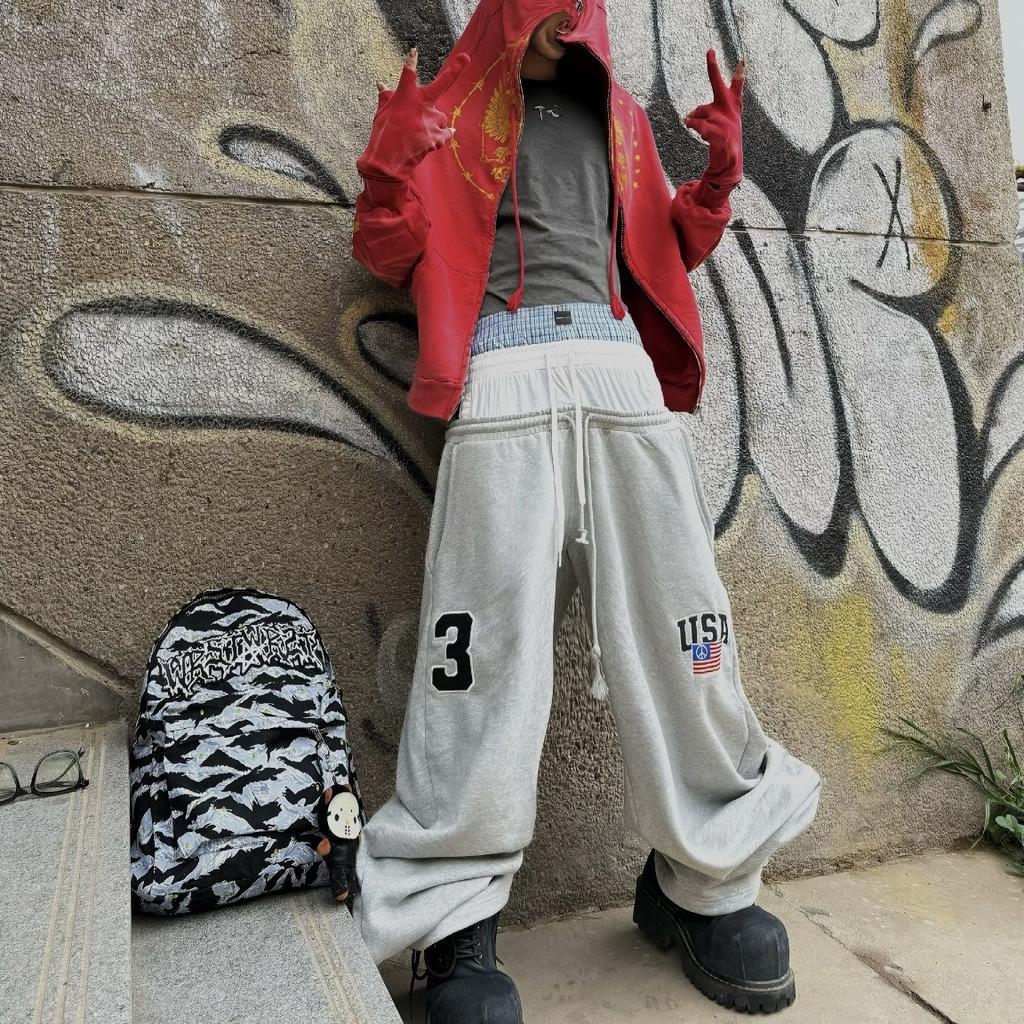 Unisex Faux Trzy Elementy Projekt Pas Spodnie Dresowe Mężczyźni Kobiety Luźne Haft Cyfra 3 Metka Spodnie Treningowe Czarne Szare Codzienne