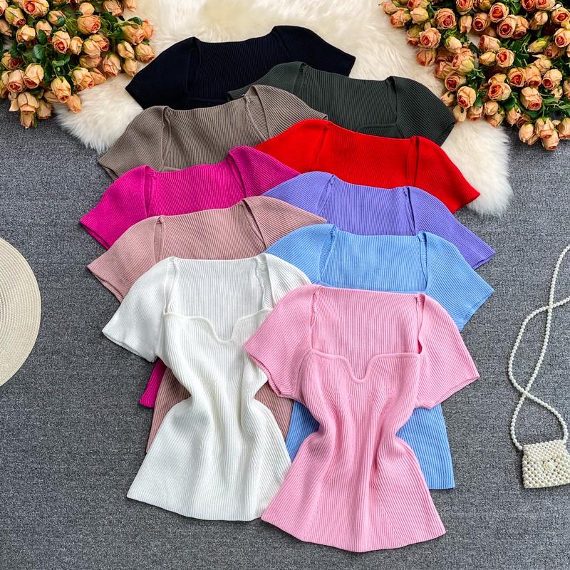 Women Summer Color Solid T Shirt Short Sleeve Square Collar Straight Tee Shirt Wear Top