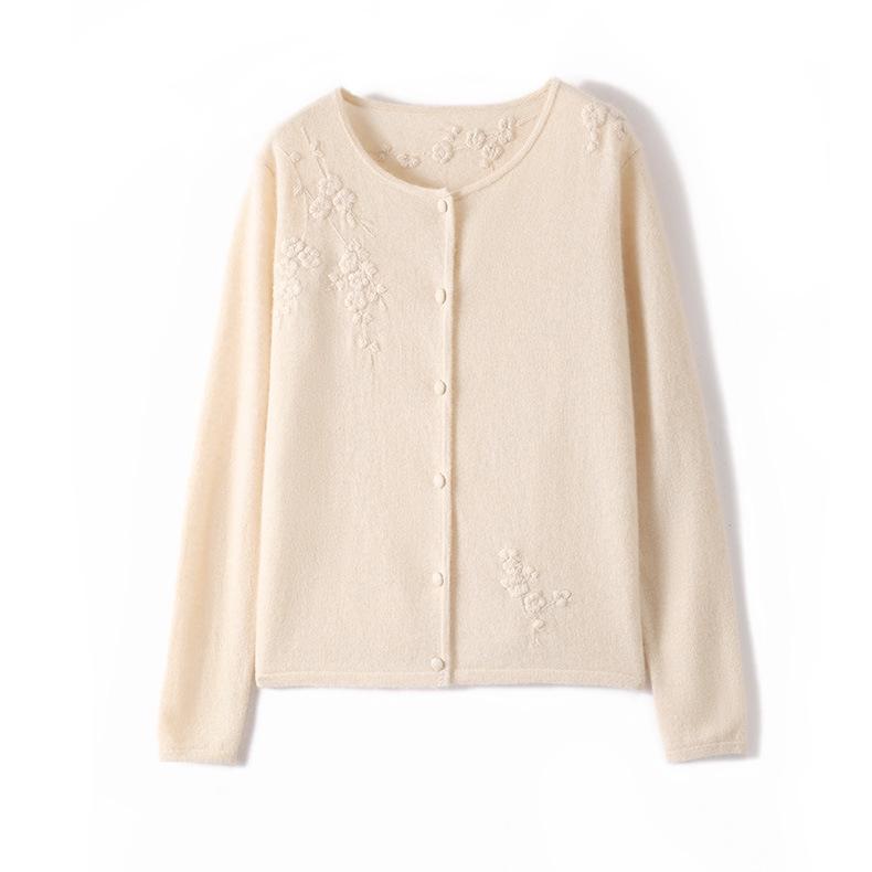 Women's 3D Embroidered Floral Wool Cardigan with Round Neck - Early Autumn Design