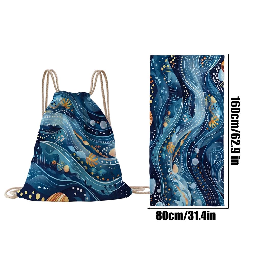 Ocean Element Beach Towel 2 In 1 Convertible Pool Mat Drawstring Bag Foldable Pool Towels Microfiber Fabric Beach Towel