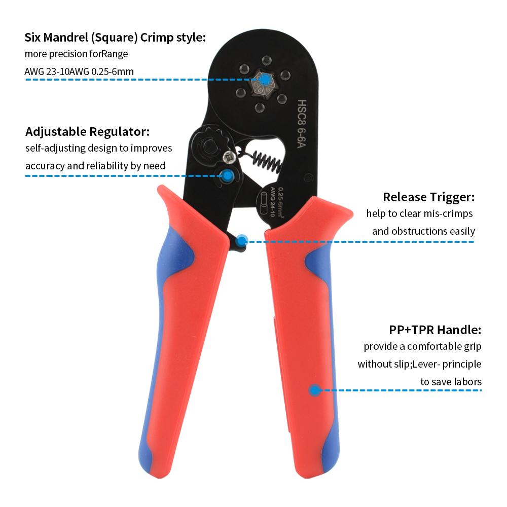 HSC8 6-4A Self-Adjustable Carbon Steel Household Electric Crimping Pliers for Wire Connectors 0.25-6mm² 24-10AWG