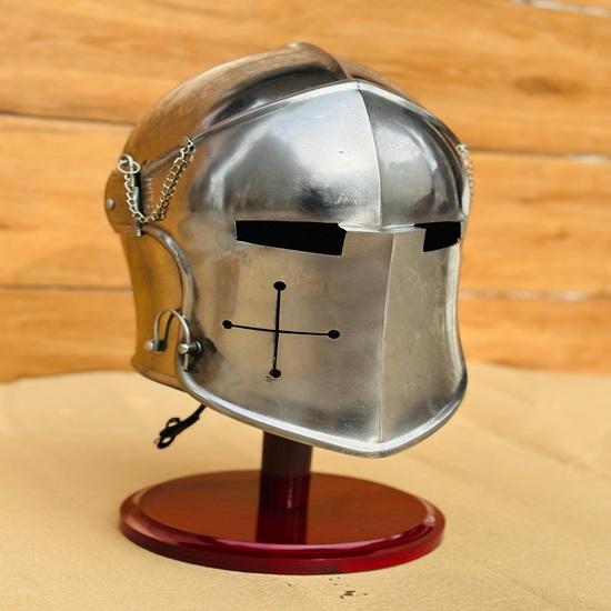 Silver Steel Barbuta Helmet Medieval Knight Costume, Reenactment Armor