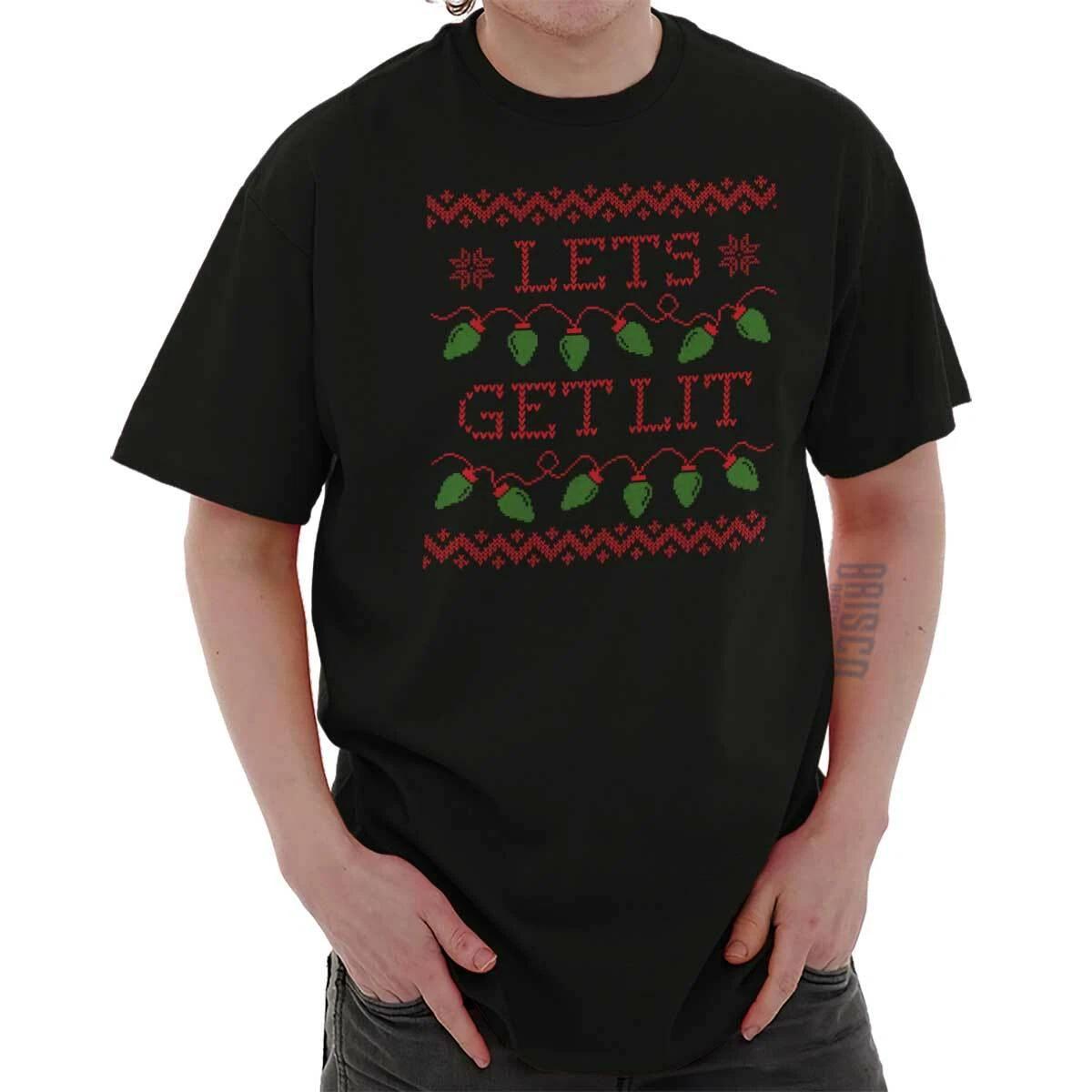 Lets Get Lit Christmas Drinking Drunk Holiday Adult Short Sleeve Crewneck Tee XXXXL