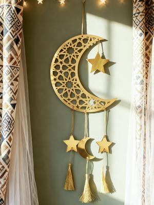 Islamisk Ramadan Eid Mubarak Trä Väggdekor Guld Akryl Måne Stjärna Lykta Tofs Hängande Ornament för Muslimskt Hem Fest Gåva
