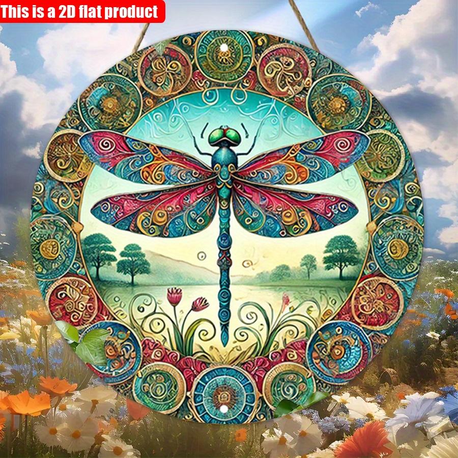 2D Flat 20*20cm1pc Bright-coloured Dragonfly Round Wall Pendant, Country Pond Style Vintage Floral Insect Patterns Decor, Suitable For Bathroom, Cafes